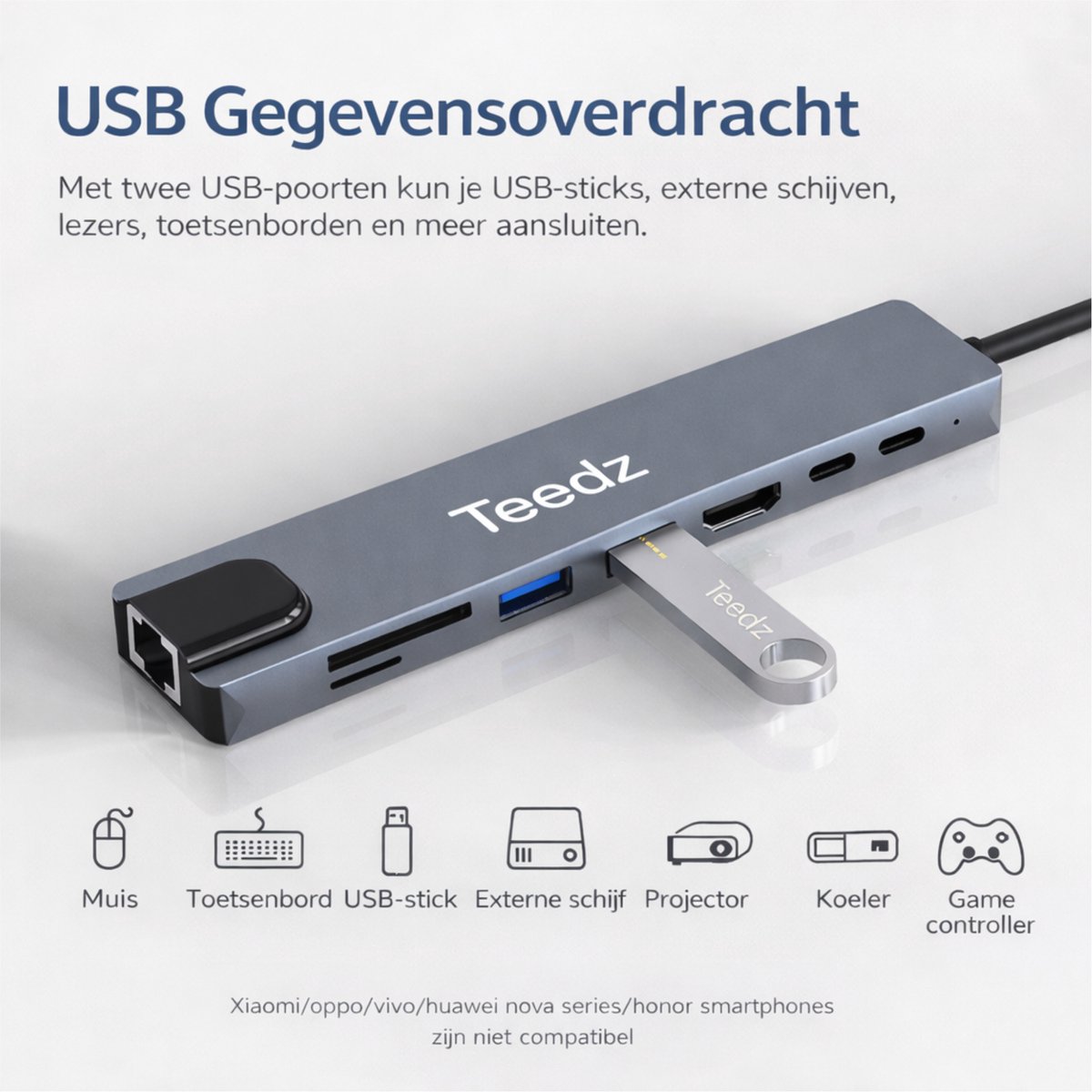USB-C Hub 8-in-1 met HDMI 4K, Ethernet RJ45, 100W opladen, USB 3.0, SD/TF kaartlezer voor laptop/tablet - Afbeelding 4
