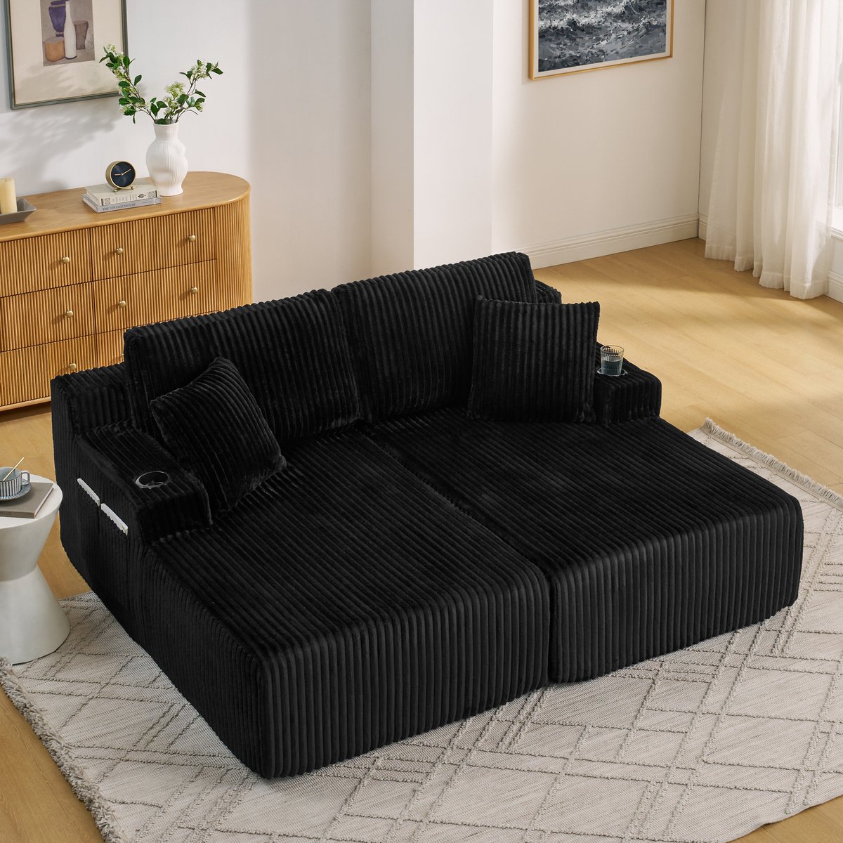 Tweezits Relaxbank/Loungestoel, Zachte Corduroy Stof, met Zijvak voor Tijdschriften, Bekerhouder en Kussens, Geschikt voor Woonkamer, Speelkamer, Studeerkamer, Logeerkamer en Appartement, Zwart