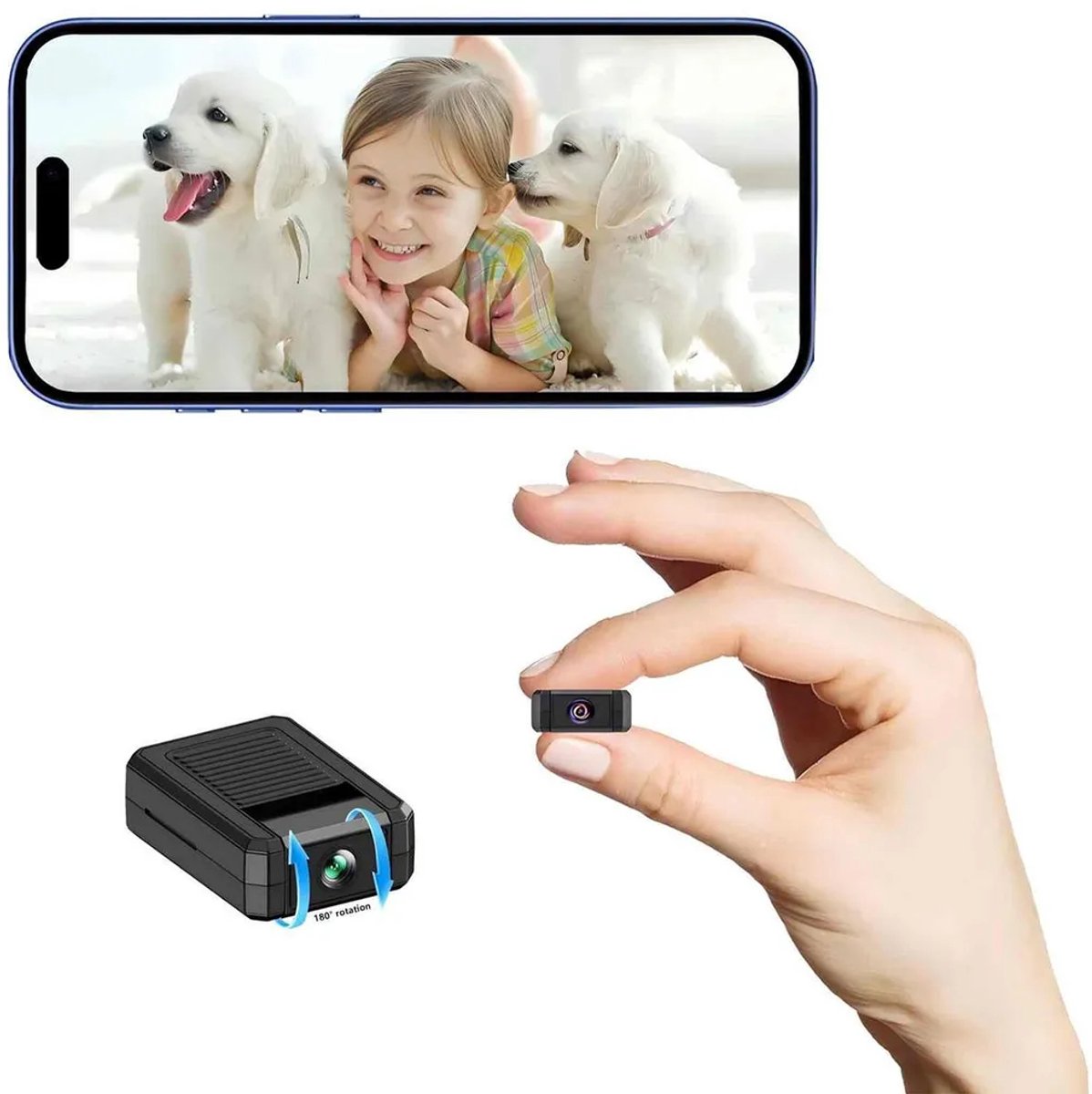 Mini-bewakingscamera – Een wifi-camera met een 180° draaibare lens, die bewaking op afstand via een app ondersteunt en nachtzicht biedt.