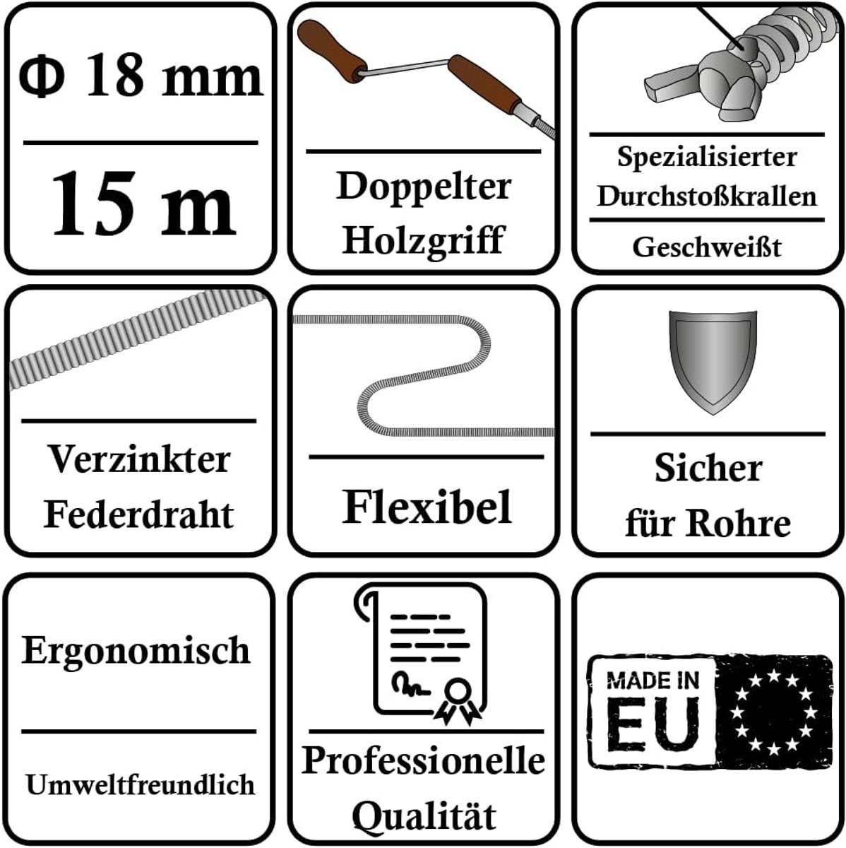 Professionele Rioolreinigingsspiraal 15m - Ø18mm voor Afvoerbuizen tot 200mm