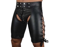 Erotische Korte Broek - Kunstleer - Zwart - BDSM - Open billen - Sexy - Veters