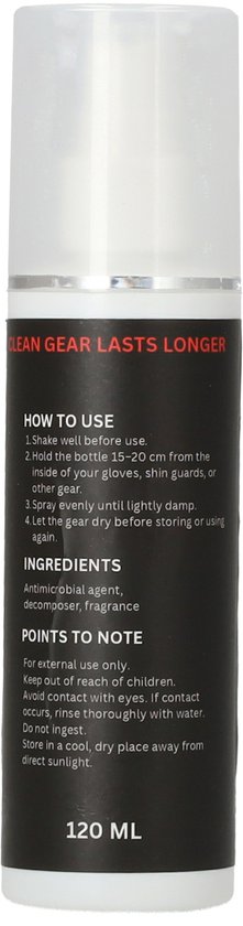 Witte sprayfles met zwart label. "CLEAN GEAR LASTS LONGER". Instructies, ingrediënten en "POINTS TO NOTE". 120 ML.