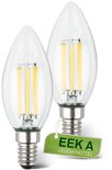 Twee E14 kaarslampen met helder glas, zichtbaar filament en een groen label 'EEK A'.