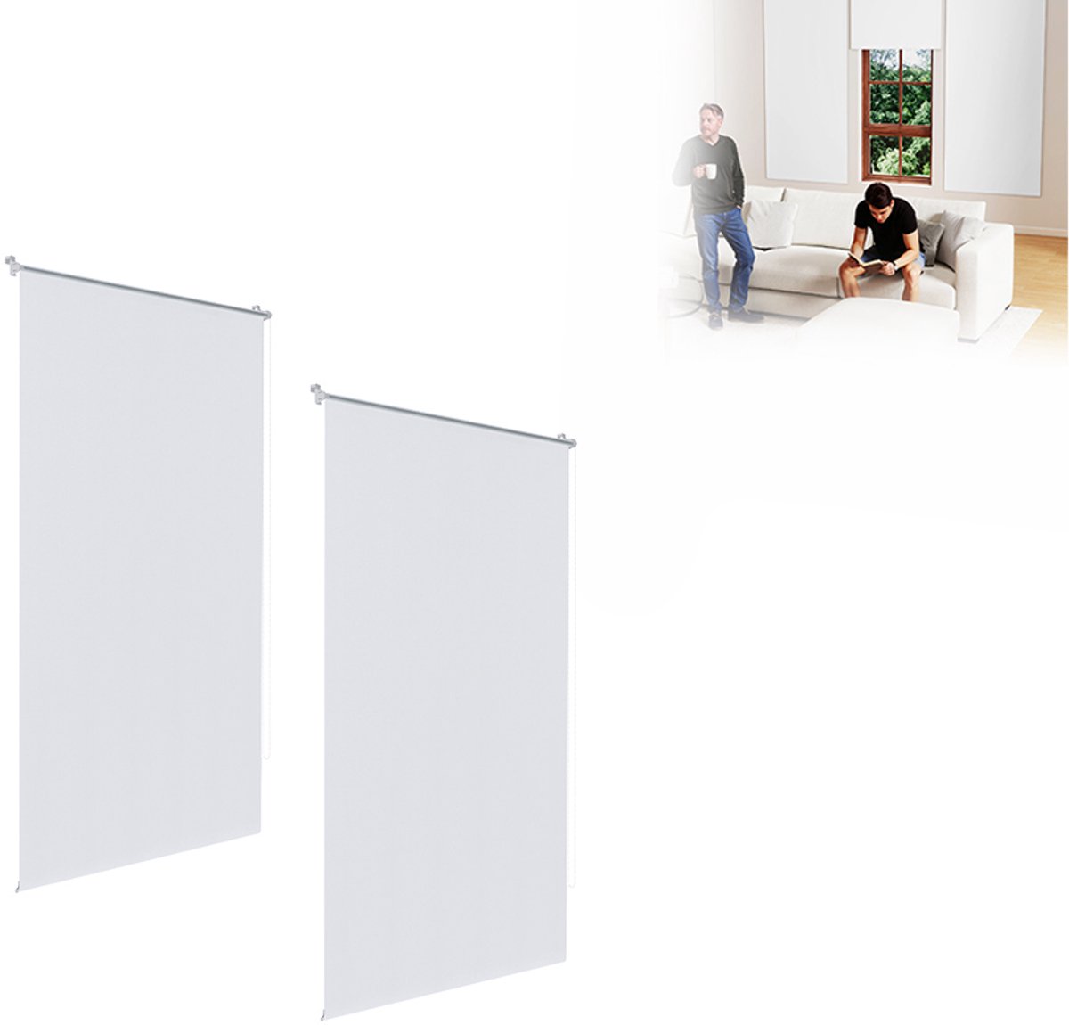 Aufun Verduisterend Rolgordijn - 2 Stuks - 110 X 210cm - Wit - Zijdelings Bedienbaar Rolgordijn - Raamgordijn Met Klembevestiging - Thermisch Rolgordijn