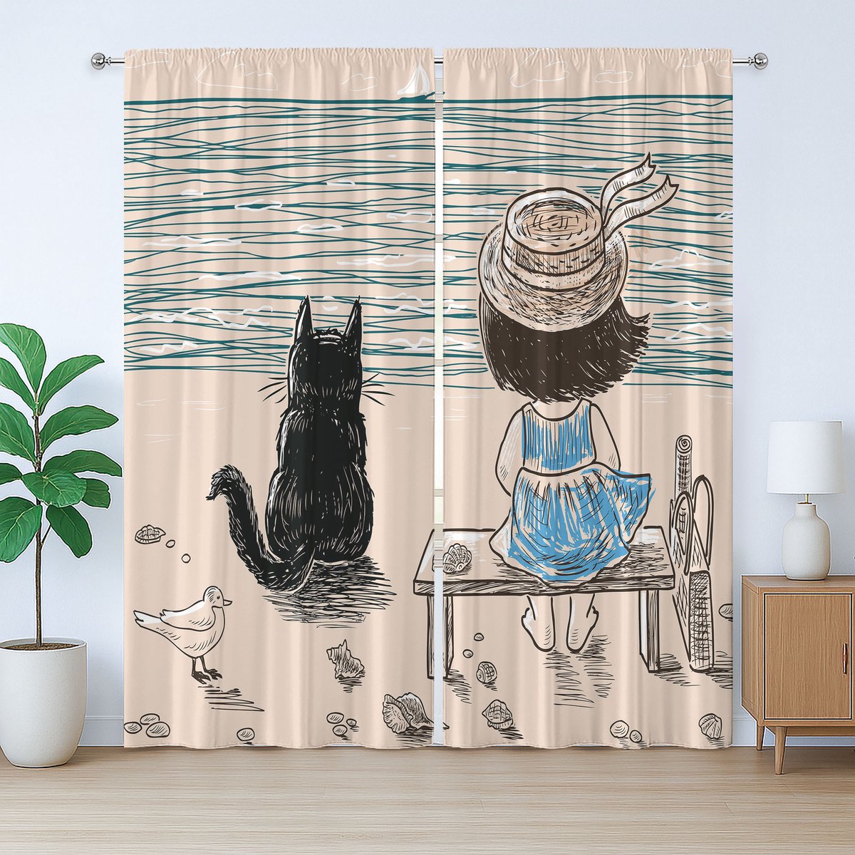 ABAKUHAUS Rustiek dierengordijn, babymeisje met een kat, met lussen en haken voor de woonkamer, 280 x 175 cm, lichtbruin