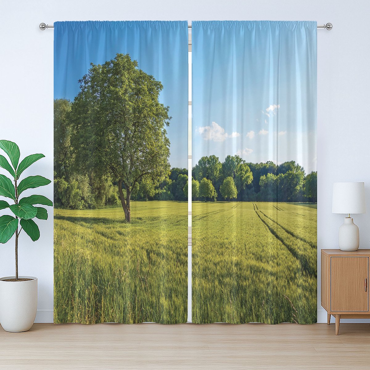 ABAKUHAUS Rustiek bosgordijn, inspirerende natuurfoto, slaapkamergordijn met plooien, lussen en haken, 280 x 175 cm, groenblauw