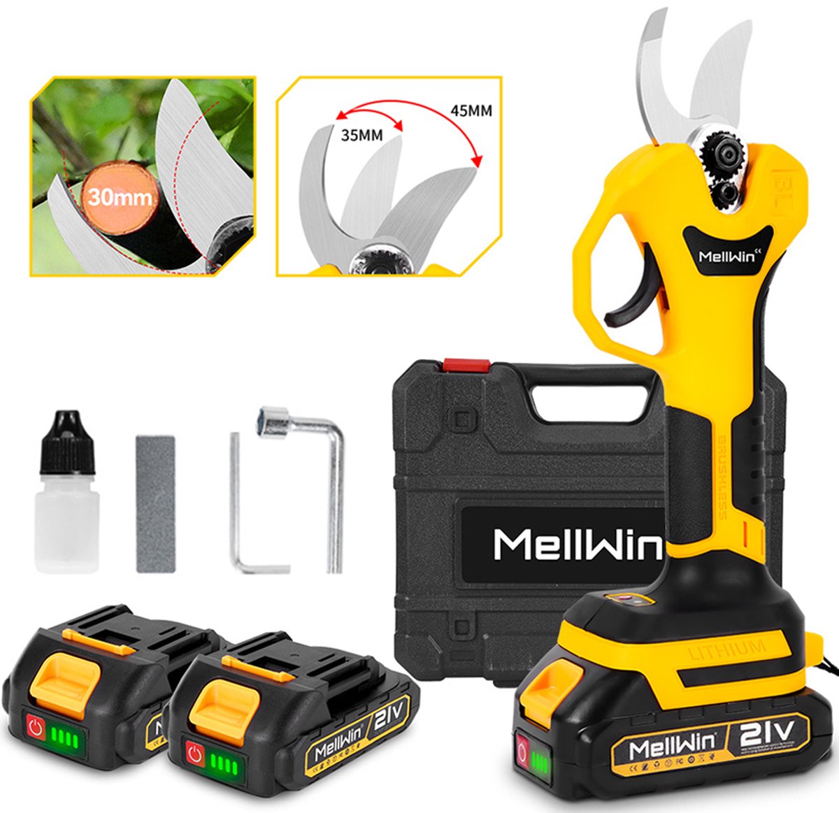 MellWin Elektrische Snoeischaar - Ø30MM Snijdiameter - 2x Accu’s - Professionele Draadloze Heggenschaar - Tuin Snoei Schaar voor Heggen & Takken
