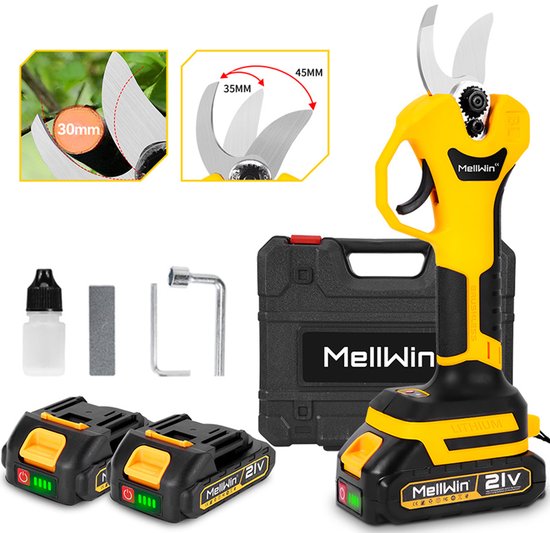 MellWin Elektrische Snoeischaar - Ø30MM Snijdiameter - 2x Accu’s - Professionele Draadloze Heggenschaar - Tuin Snoei Schaar voor Heggen & Takken