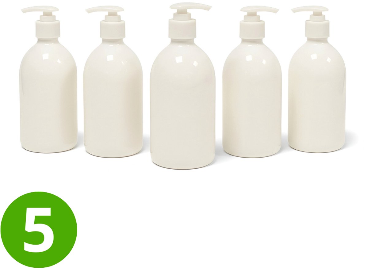 5x Lege Plastic Fles sirop 500ml PET - Wit - Rond - Witte Dispenserpomp - 28ROPP - ALPHA - BPA vrij - Pompfles - Reisflesjes - Plastic Flessen Navulbaar - Shampoo Dispenser met Pomp - Lege Flesjes - Zeep Pomp - Lekvrij - Hervulbaar - Zeeppompje