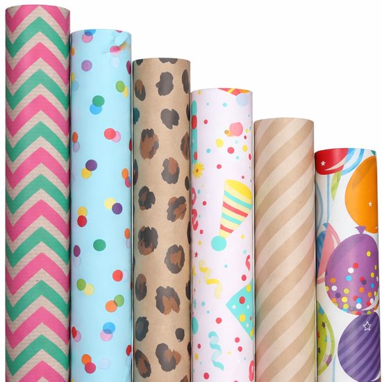 Kleurmedia® Inpakpapier - Party & Kraft Mix - 6 Rollen - 200x70 cm - Duurzaam & Plasticvrij