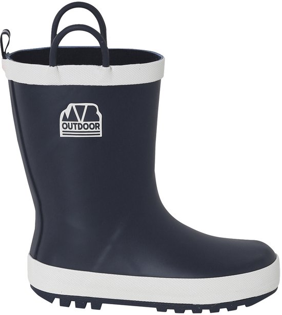 Botte de pluie bleu marine avec logo, bordure blanche et boucle.