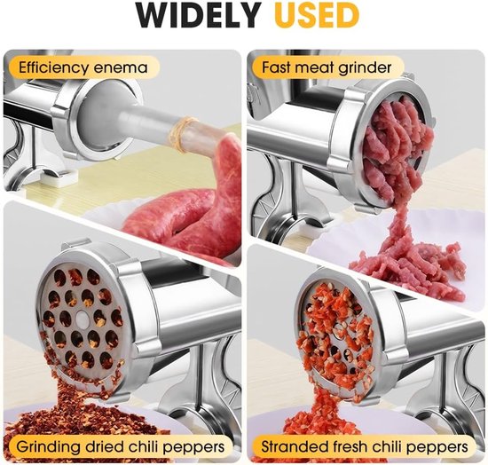 Handmatige vleesmolen - Gehaktmolen met klem tafelbevestiging - met trechter - Handmatige vleesmolen aluminium - worstmaker en hamburgervuller - voor vlees & worst - keukengereedschap - voor rundvlees, paprika en champignons — afbeelding 3