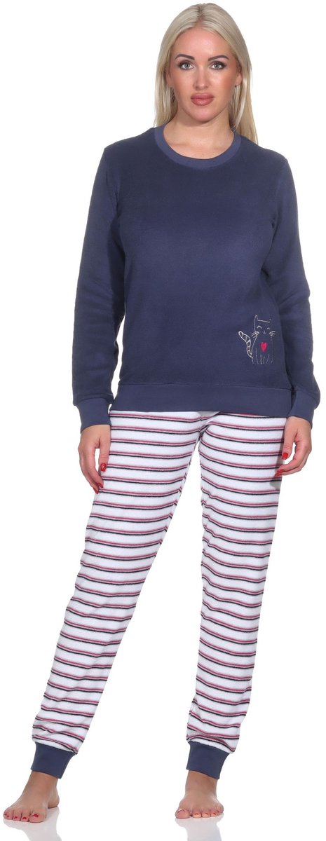 Normann Dames badstof pyjama, broek gestreept, top met schattig dierenmotief - ook in oversize marine