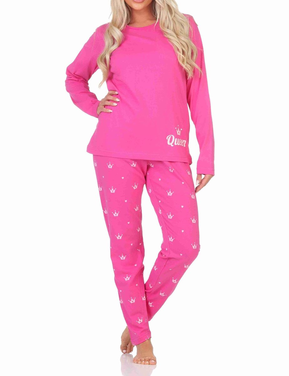 Normann Lange Normann damespyjama in prachtige kleuren en een kroonmotief pink