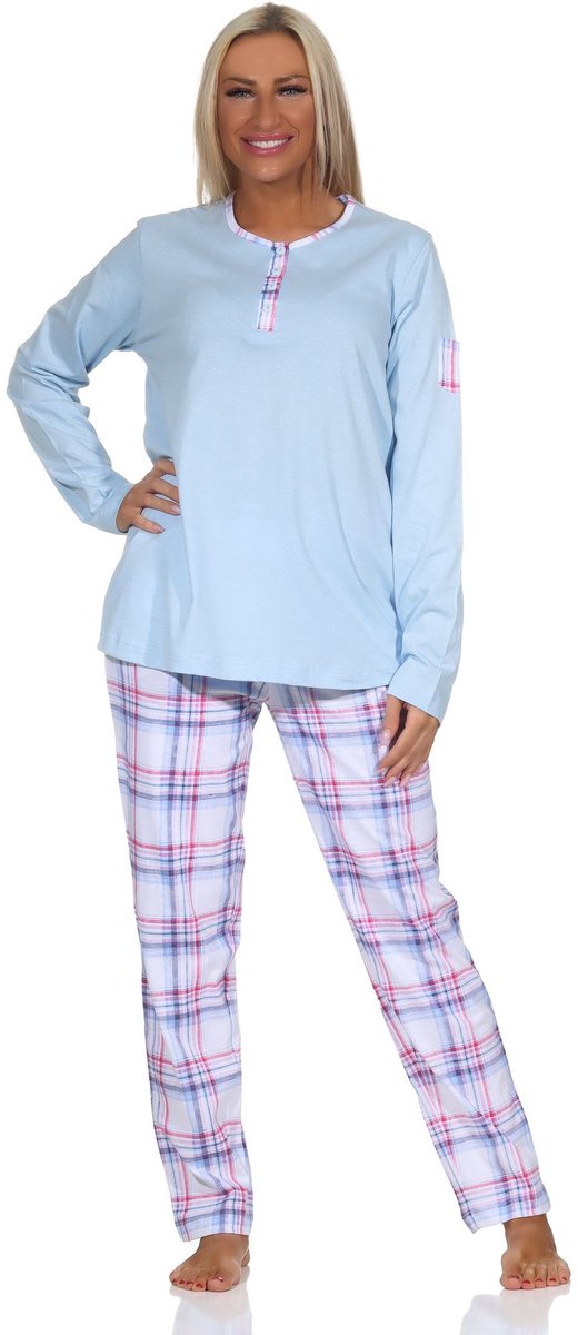 Normann damespyjama met geruite jersey pyjamabroek - ook in grote maten hellblau