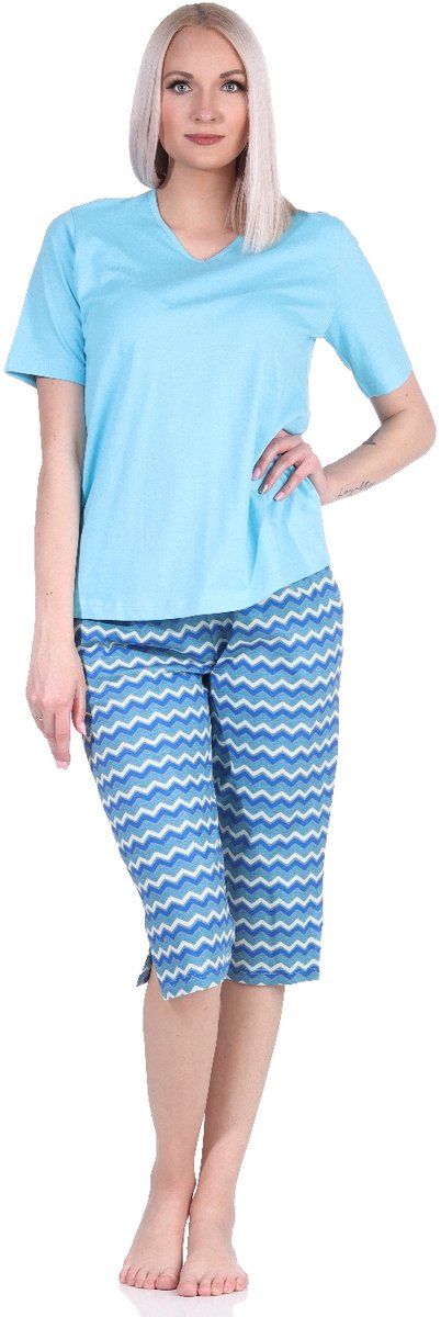 Normann Coole capri-pyjama voor dames met 3/4-caprishort, pyjama in etnische stijl blau