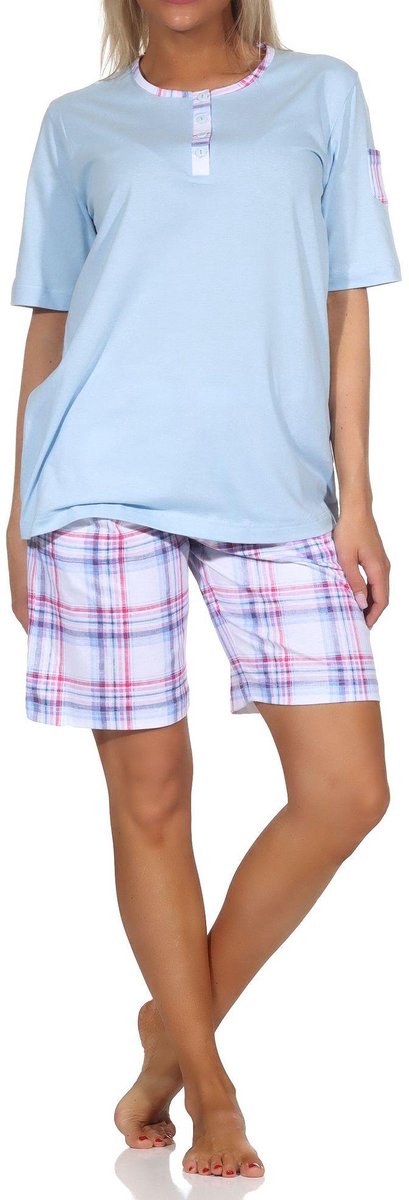 Normann damespyjama korte mouwen met geruite jersey pyjamabroek - ook in grote maten hellblau