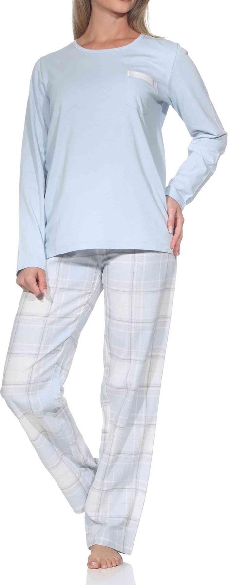 Normann lange damespyjama met geruite flanellen pyjama hellblau