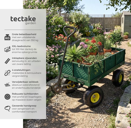 tectake® Transportkar - Handkar met Opklapbare Zijwand - Bolderkar voor het Strand - Trolley voor de Tuin, Bolderwagen, Transportwagen om te Trekken - Wagen met een Draagvermogen tot 350 kg - Groen van TecTake — afbeelding 2