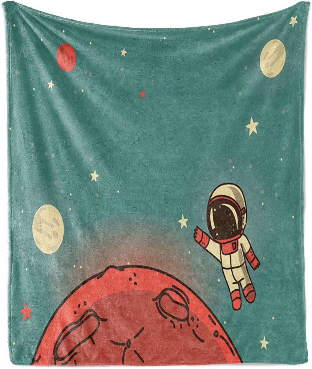 ABAKUHAUS Vierkante Zachte Flanellen Fleece Deken, Doodle Cosmonaut, Gezellige Pluche Plaid, 125 x 175 cm, Koraal Turkoois Ivoor