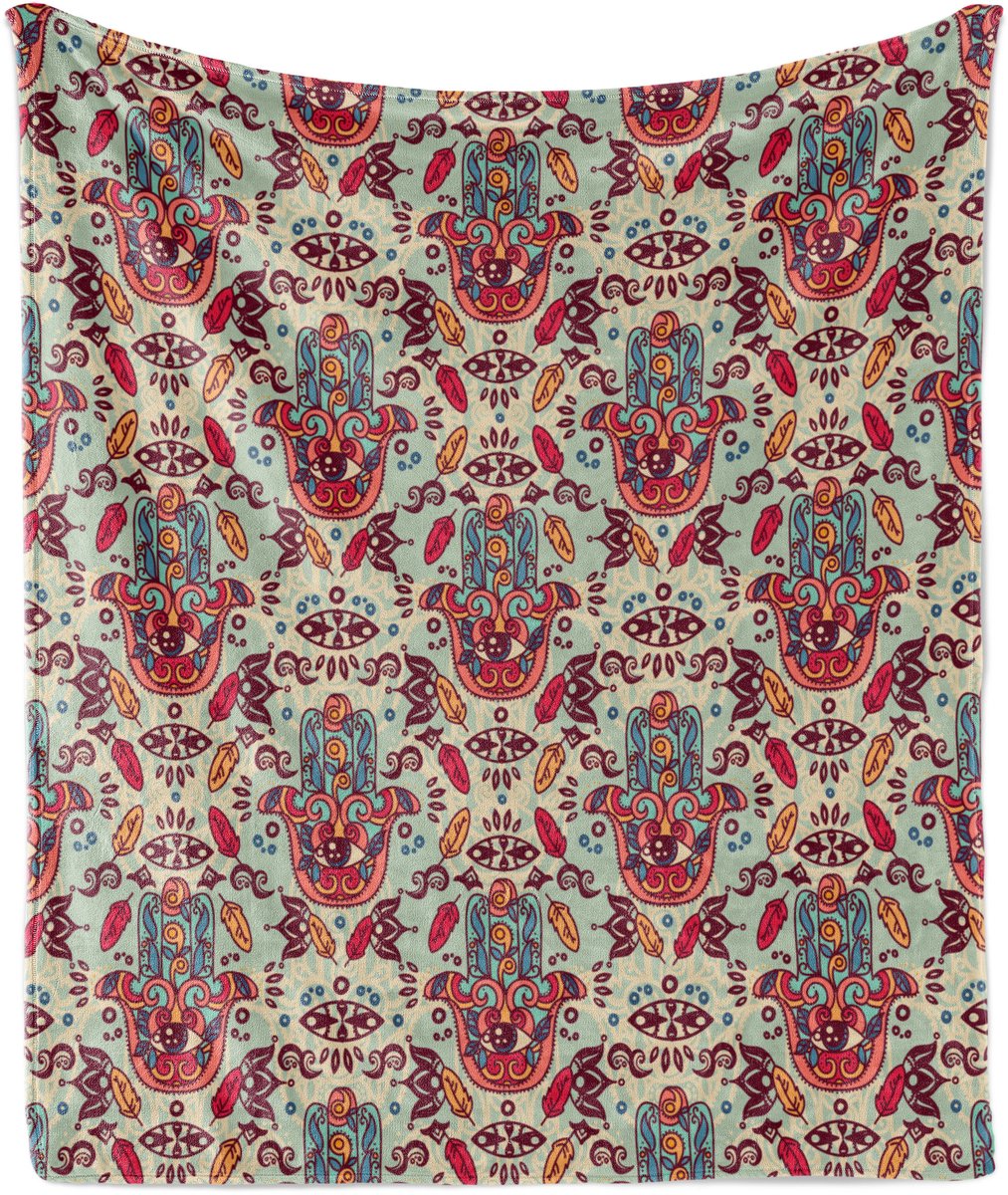 ABAKUHAUS Hamsa Zachte Flanellen Fleece Deken, Kleurrijke Dessins, Gezellige Pluche Plaid, 125 x 175 cm, Meerkleurig