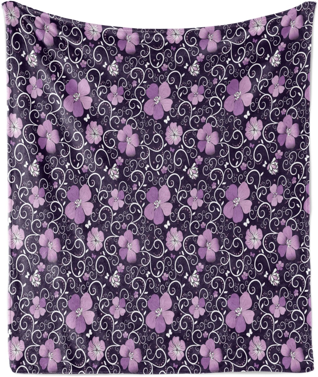 ABAKUHAUS Zachte Flanellen Fleece Deken met Bloemenprint, Gezellige Pluche Plaid, 125 x 175 cm, Paars, Donkerpaars, Wit