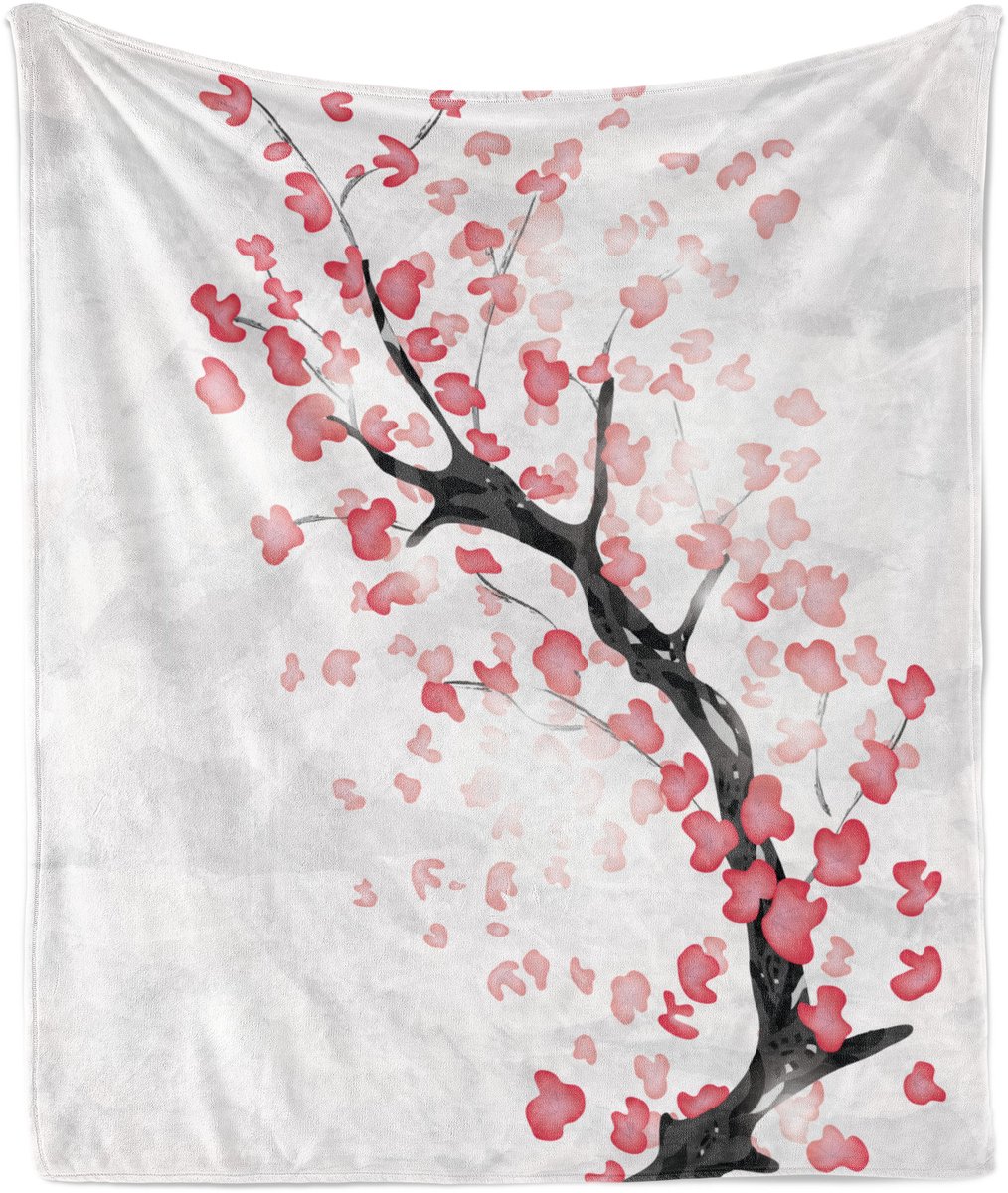 ABAKUHAUS Zachte Flanellen Fleece Deken met Kersenbloesemprint, Sakura-motief, Gezellige Pluche Plaid, 125 x 175 cm, Donker Koraal en Zwart
