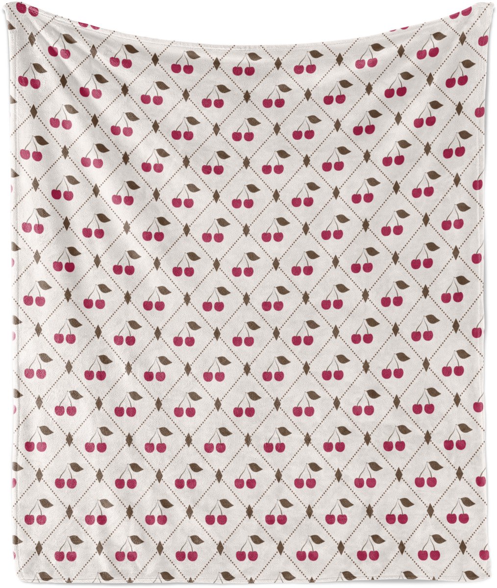 ABAKUHAUS Chocoladekleurige Zachte Flanellen Fleece Deken, Diamantpatroon met Kersen, Gezellige Pluche Plaid, 125 x 175 cm, Magenta, Cacao en Ivoor