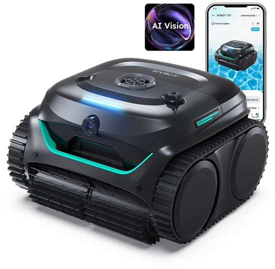Robot nettoyeur de piscine noir avec accents lumineux verts et bleus, avec une application smartphone montrant la vision par IA.