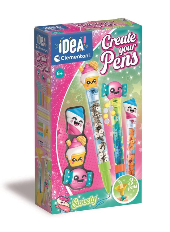 Boîte de 'Create your Pens Sweet' montrant des stylos modèles remplis de paillettes et de décorations de bonbons.