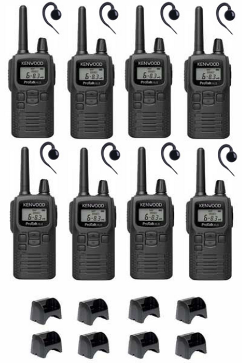 Set van 8 Kenwood PKT-300 ProTalk XLS IP52 PMR446 mini portofoons en C-ring oortje
