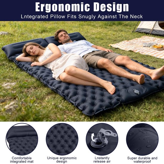 Opblaasbaar luchtbed 2 persoons 200x120x5cm - Ingebouwde pomp - Kampeer slaapmatje-luchtbed-slaapzak-openlucht--Legergroen-Belle's product van Merkloos — afbeelding 4