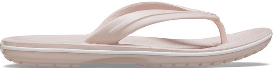 Roze Crocs teenslipper met witte rand.