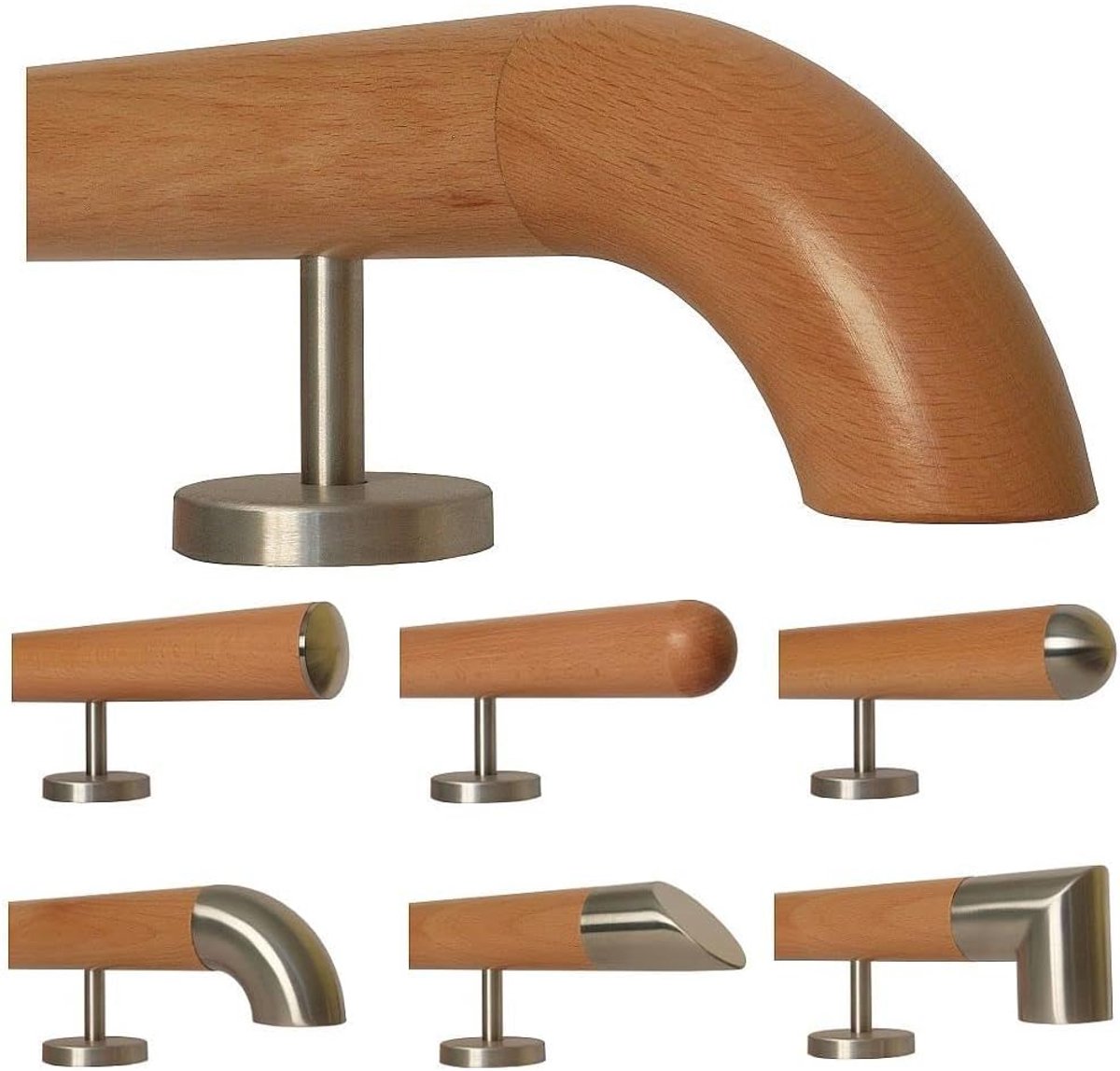 Beuken Houten Leuning - Trap Greep - Veiligheid Binnenshuis - Roestvrij Staal Houders - 30-500 cm Lengte - Natuurlijk Hout