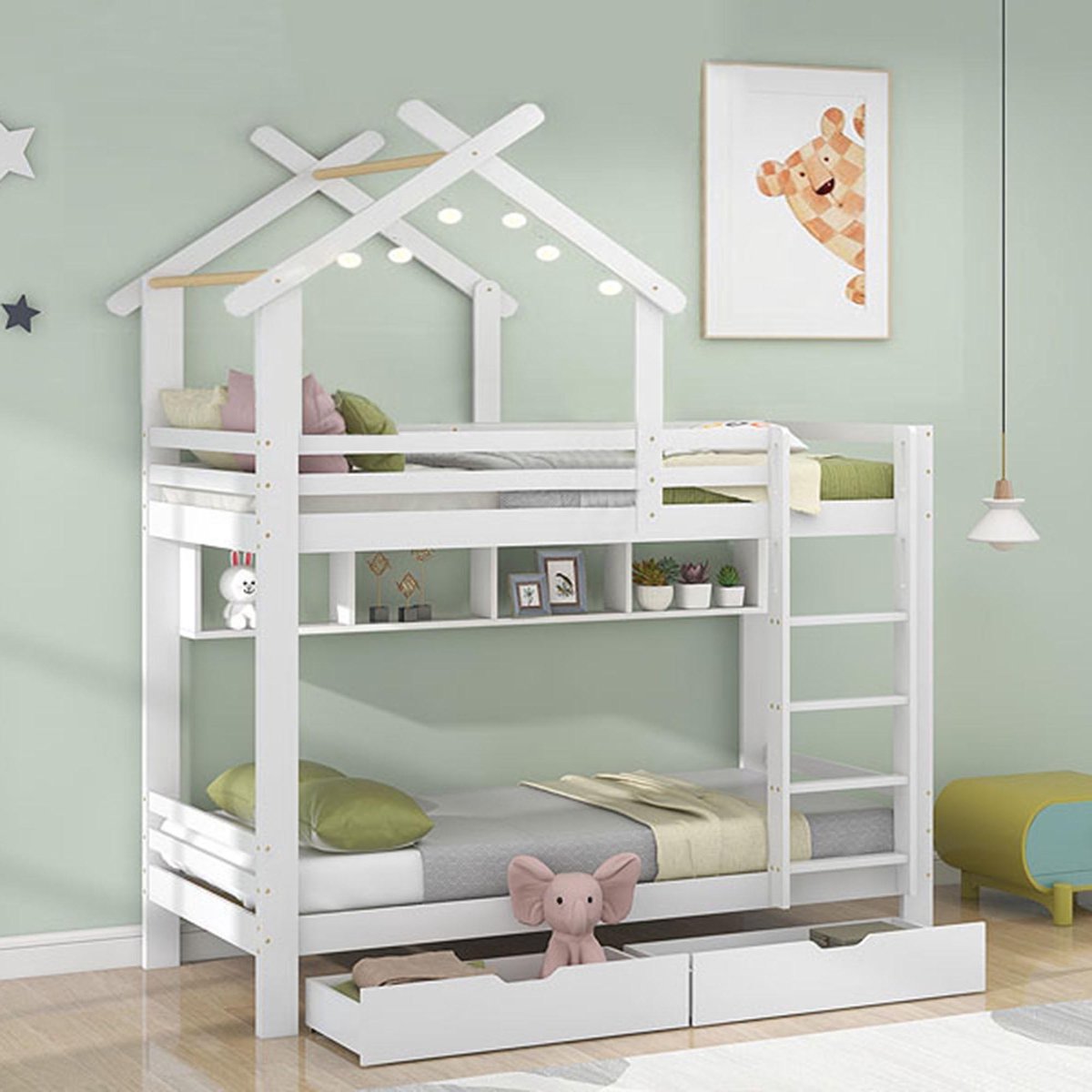 MODENUIT Stapelbed 90x200 cm – Met ladder – Laden en plank – Valbeveiliging – Grenenhout – Zonder matras – Wit