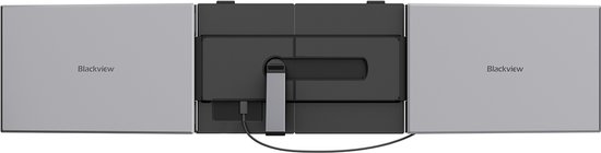 Achterkant van de grijze Blackview DCM8 Pro met twee uitklapbare schermen en een USB-C kabel.