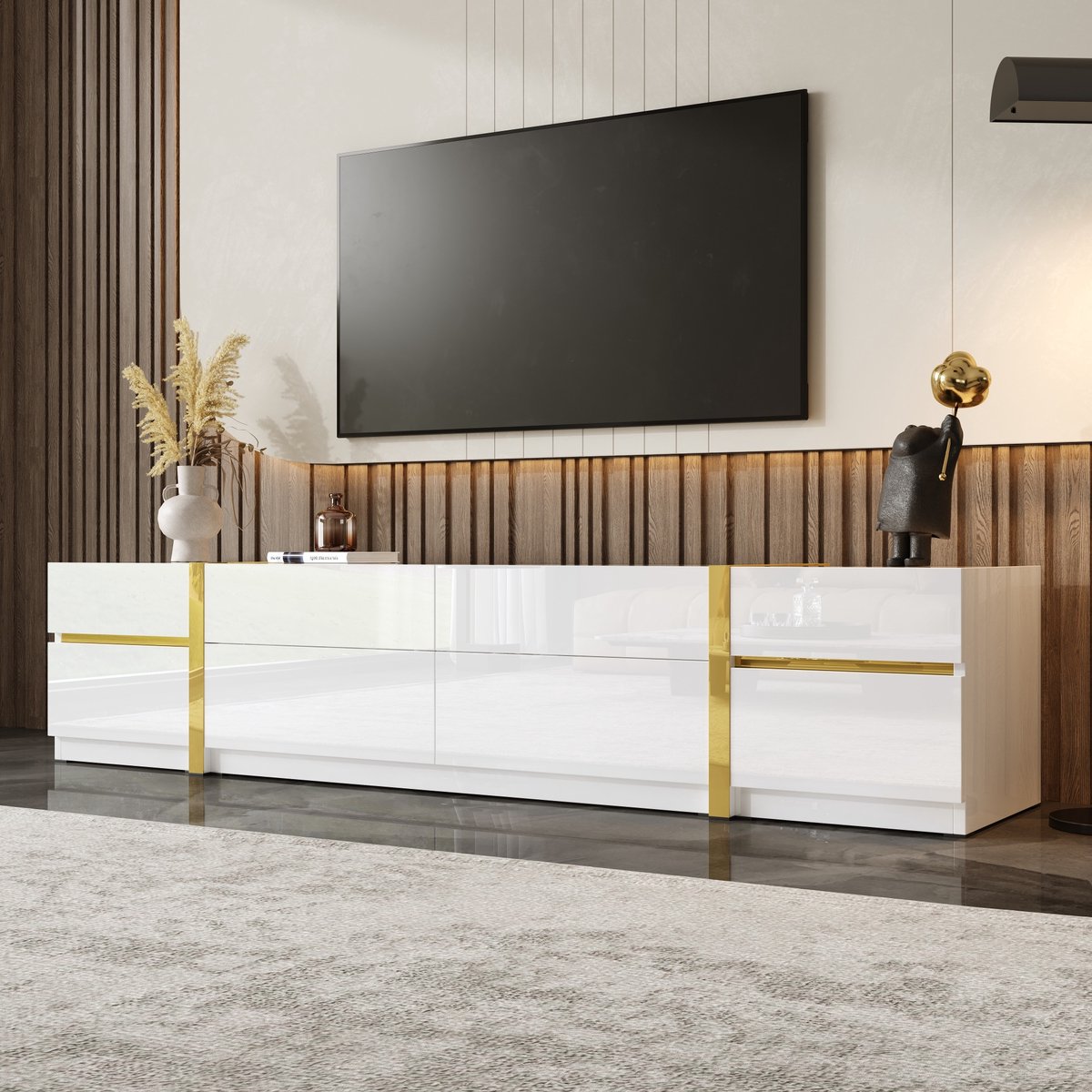 Sweiko TV-meubel - Hoogglans - Gouden randen - 4 lades - Wit