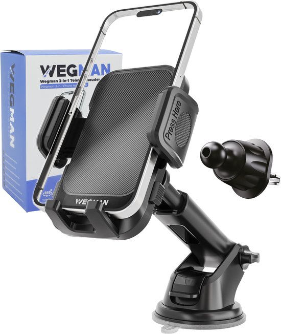 Wegman Telefoonhouder Auto Ventilatie en Zuignap 3-in-1 - Voor Dashboard Raam en Ventilatierooster - Autohouder voor alle Telefoons - Telefoonhouders Auto - GSM Mobiel Houder - Auto Accessories - Zwart