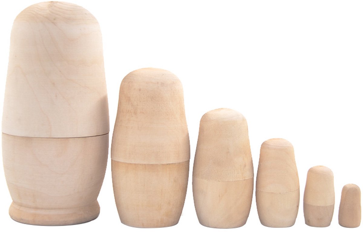 Set van 6 onbeschilderde nestpoppen — Blanco houten Matroesjka-poppen, ideaal voor ouder-kindactiviteiten, verjaardagscadeaus en doe-het-zelfliefhebbers.