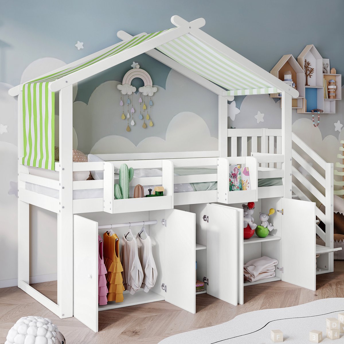 MODENUIT Stapelbed 90x200 cm – Met Dak en Veiligheidshek – Kast en 5 Opbergvakken – Voor Kinderkamer – Hout en MDF – Zonder matras – Wit en Groen