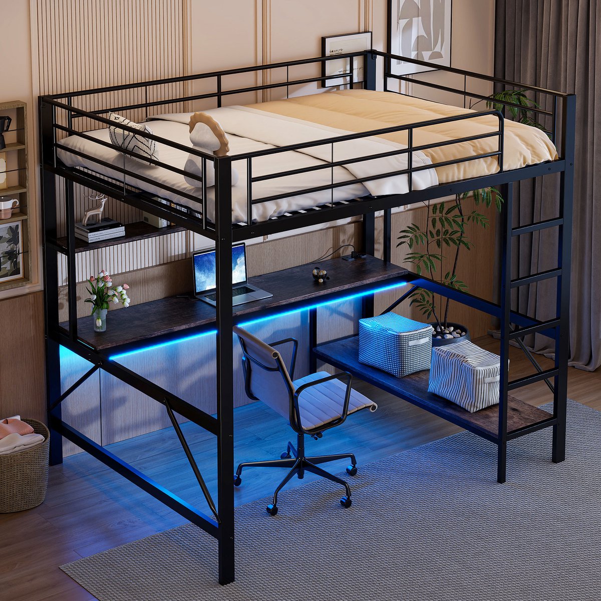 MODENUIT Hoogslaper 140x200 cm – Met bureau, meerlaags rek, usb en stopcontact – Met ledverlichting – Zonder matras – Zwart