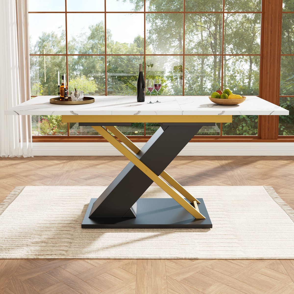 REDOM - Uitschuifbare Eettafel - Kruispoten - Marmerlook - Voor Keuken En Woonkamer - MDF En Metaal - Zwart - 120-160 X 80 X 75,4 Cm