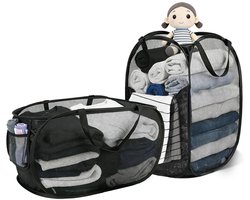 grote opvouwbare wasmanden van 70-75 liter, ademend, met handvat en zijvak. Draagbare, opvouwbare wasmanden voor badkamer, slaapkamer, camping, studentenkamer en reizen (zwart).