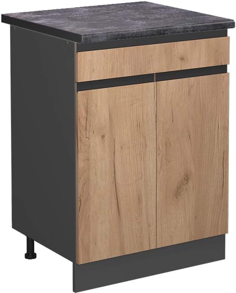 Keukenonderkast - Keukenkast Onderslag - Keukenopslag - Greeploos J-Shape Design - 60 cm Breed - Eiken Goud Antraciet