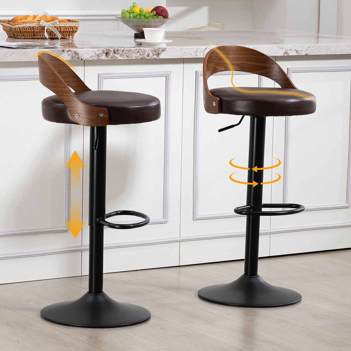 HAUSS SPOLE Barhocker - Draaibare Barkruk Met Rugleuning - Set Van 2 - Hoogteverstelbaar En Comfortabel - PU Leer Bruin