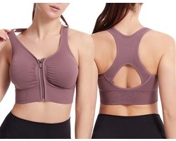 Sportbeha met voorsluiting - Maat M - Sport BH met Rits - Fitness BH - Beha zonder beugel - Ondergoed dames - Sport kleding - Kledij – Bra – Paars - LOUZIR