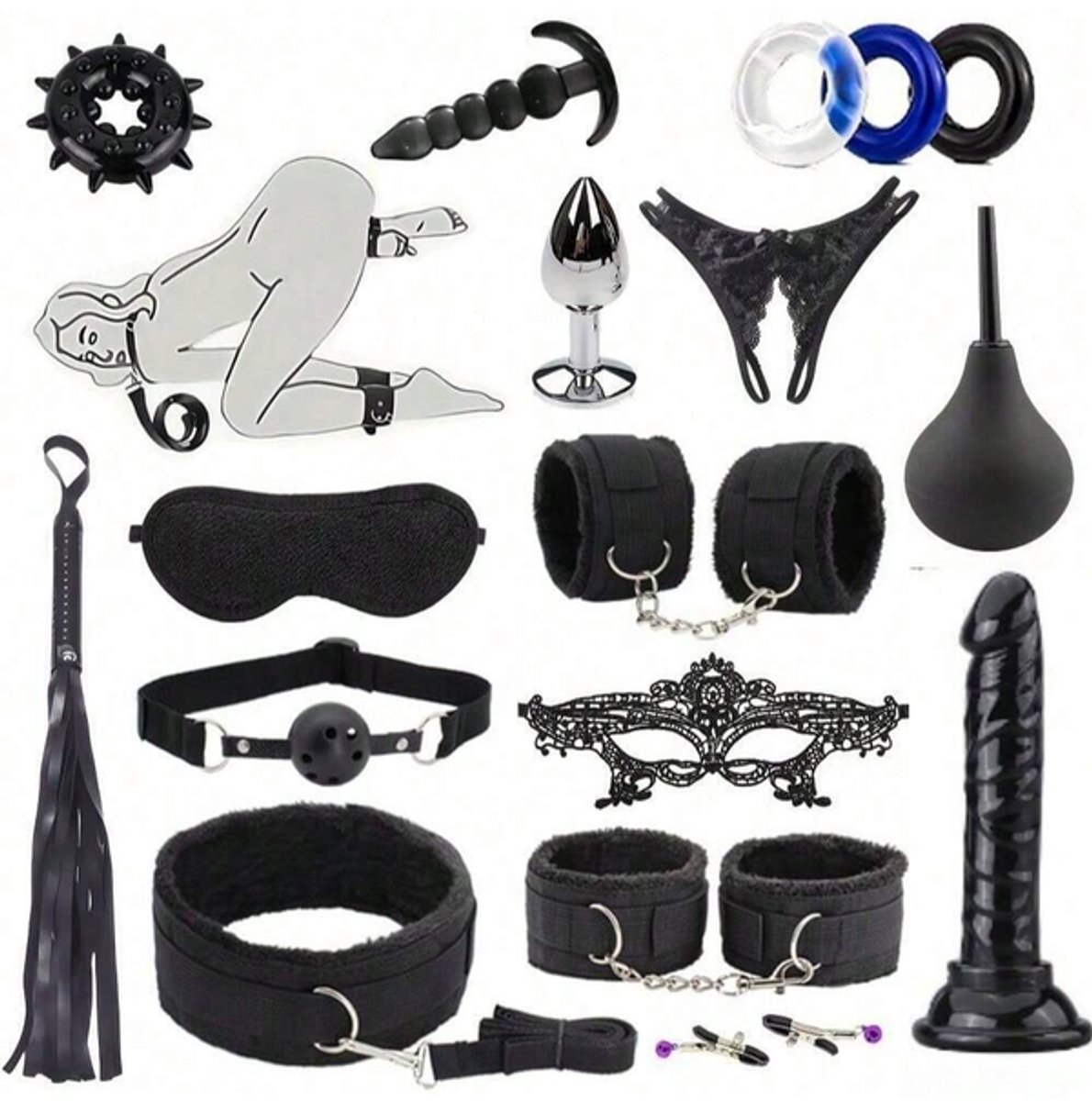 Oneay BDSM Extreme Bondage Set - 17 Delig -SM Handboeien - Dildo - Zweep / Anale plug / Tepelklemmen - Sex Toys voor Koppels - Seksspeeltjes voor mannen en vrouwen - Sex Pakket en Toys - Zwart