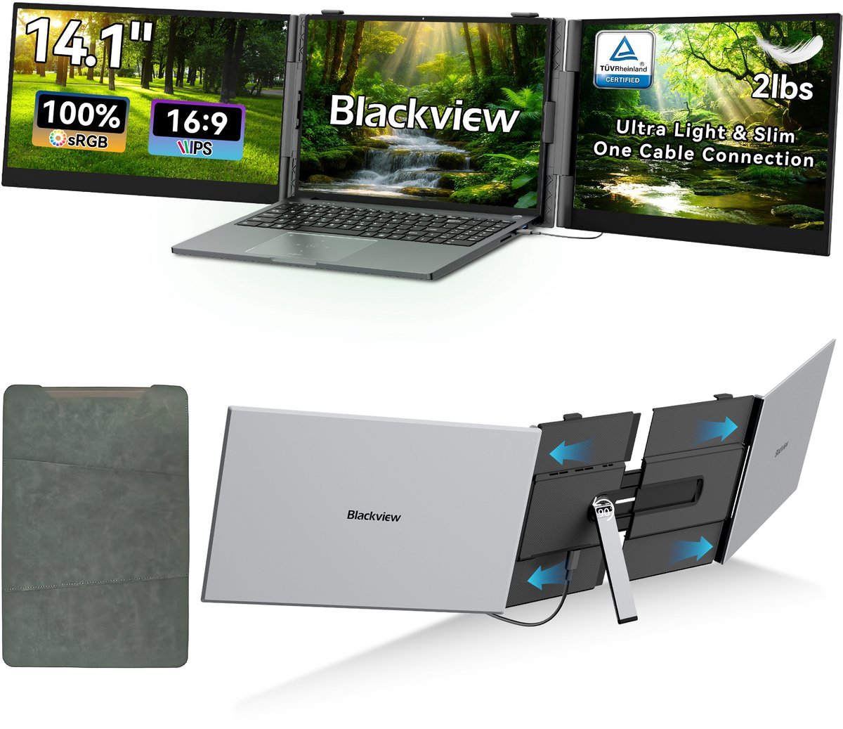 Blackview DCM6 Pro Draagbare Drievoudige Laptopmonitor 14" FHD - Ultradun 4,5mm - Lichtgewicht 1kg - USB-C-Blauwlichtfilter-Luidsprekers-100W Opladen - Grijs