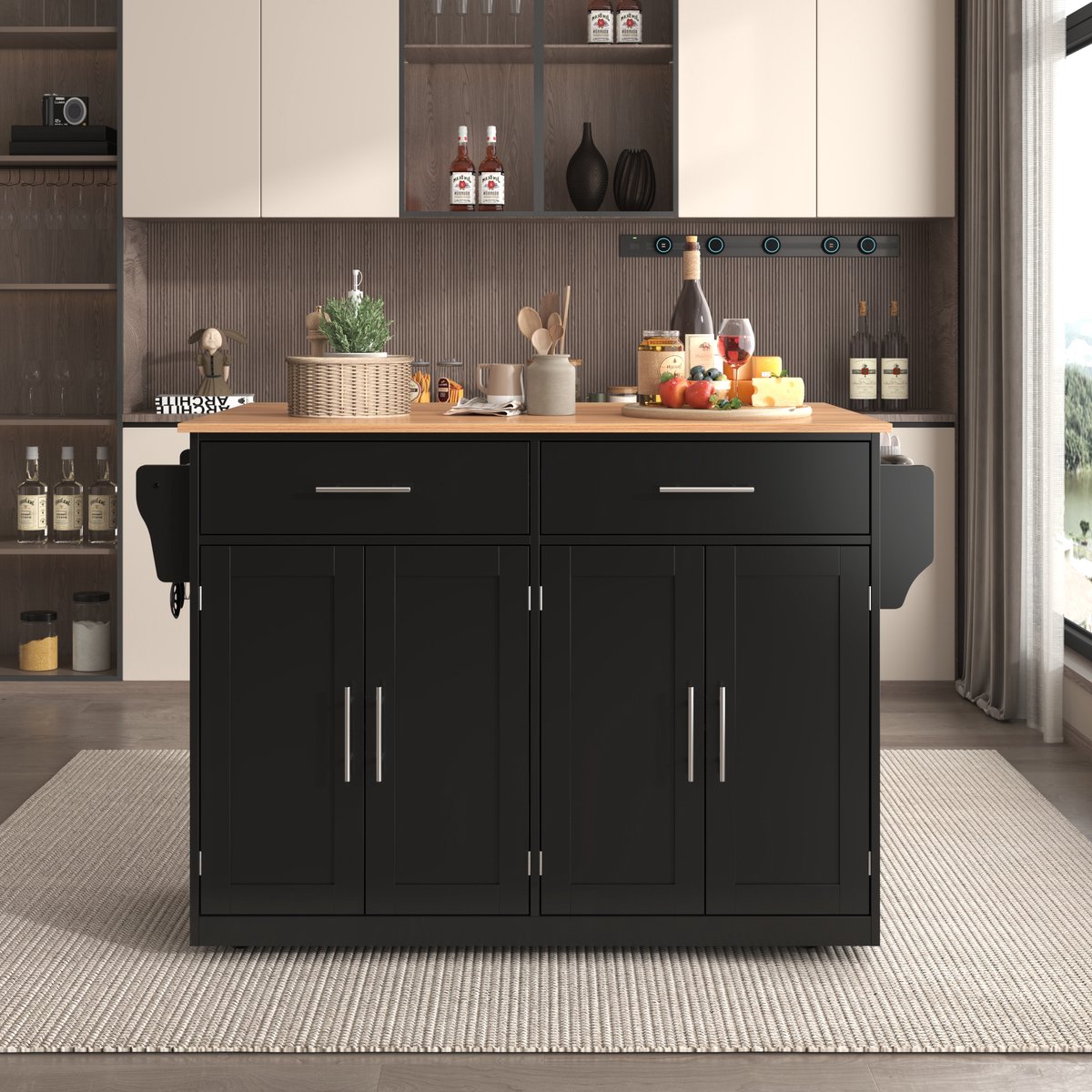 REDOM - Keukenwagen - Met Klapbaar Werkblad En Wielen - Europese Stijl - Voor Keuken En Eetkamer - MDF - Zwart/Naturel - 120 x 46/70 x 91,5 cm