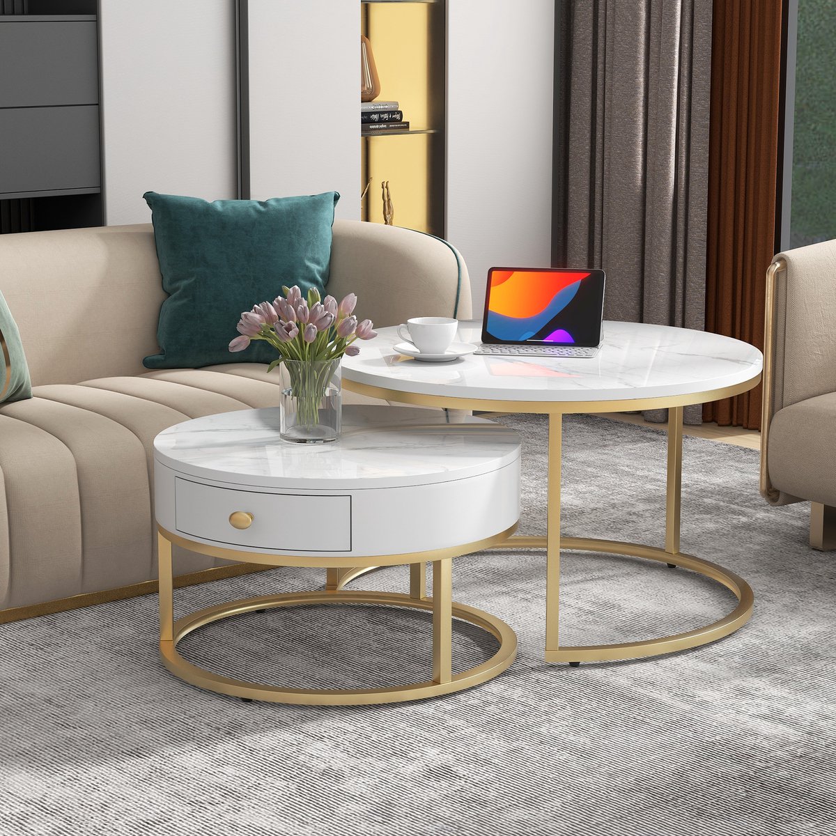 Wishdor - Salontafelset - Nestbaar - Rond - Modern - Voor Woonkamer - MDF - Hoogglans Wit - 70 x 70 x 48 / 50 x 50 x 43,5 cm